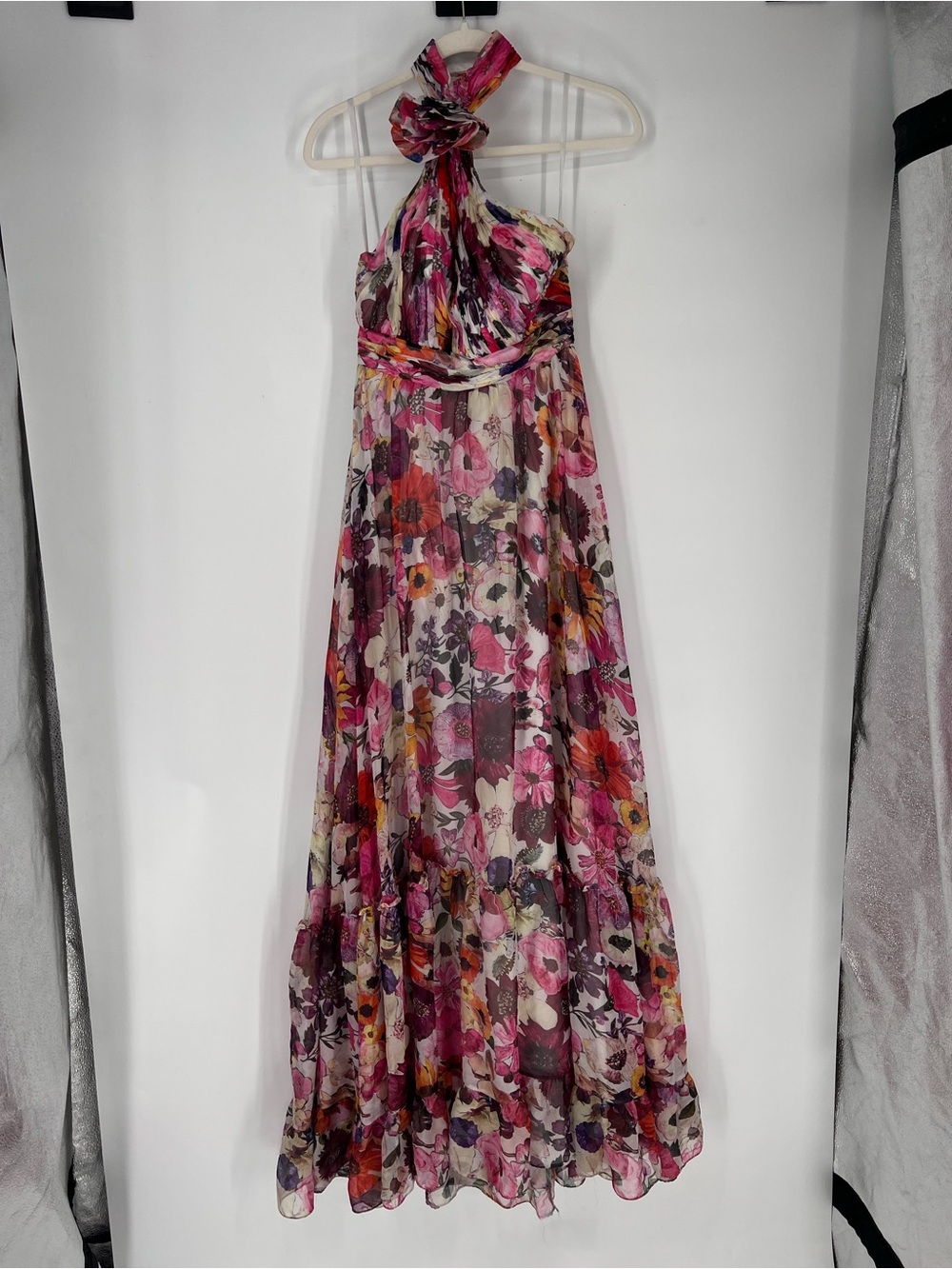 Mac Duggal Floral Daisies Pink Colorful Pleated Open Back Rosette Halter Gown 2